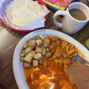 a plate of food and a cup of coffee