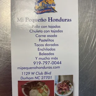 Menu and phone number