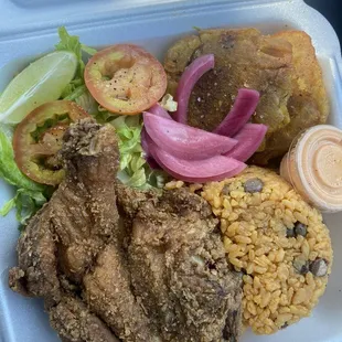 Pollo frito with arroz con gandules and tostones