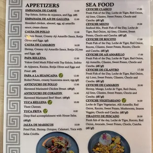 Appetizer &amp; ceviche menu