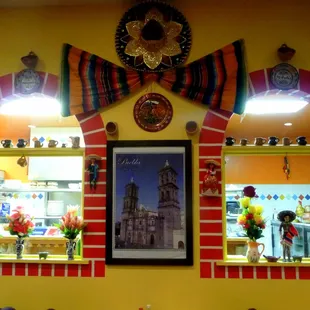 Colorful wall separating restaurant from bakery