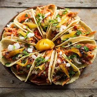 Tacos variety, Azada beef steak; Al Pastor (Pork); Birria (B-B-Q) Beef Tong; Chicken meat.