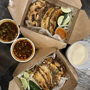 Two orders of the quesobirria with the side of consume and one order of horchata - all of it amazing
