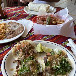 Street tacos, super burrito, rice and beans, chips and salsa