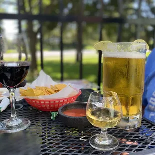 two glasses of wine and a plate of chips