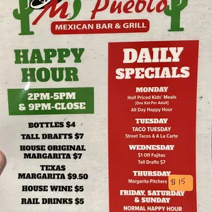 Happy Hour/Daily Specials menu