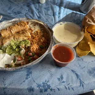 Chimichangas Dinner, Queso Dip, Chips