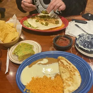 Chips &amp; Guac, queso, cheese quesadilla with rice and beans, salsa, beef quesadilla with jalapeños