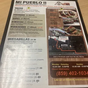 a menu for a mexican restaurant