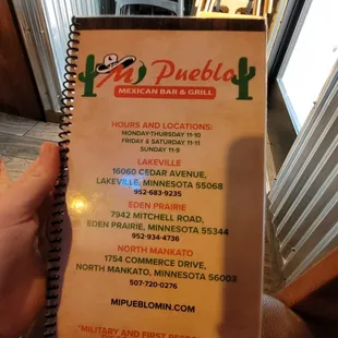 Front of the menu
