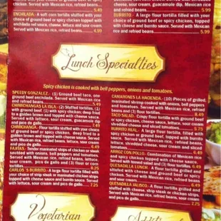 menu for lunch on menu