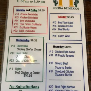 Daily lunch specials menu.