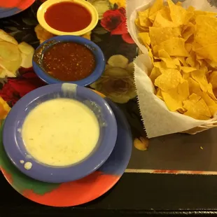 a table with chips and dips