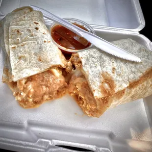 Chorizo &amp; eggs burrito w/ beans &amp; cheese, salsa on the side, nice.