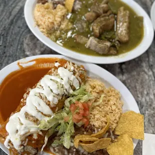 Enchilada burrito de asada and carne con chile