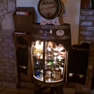 Decorative use of a barrel.  Remind me of a prohibition hidden bar