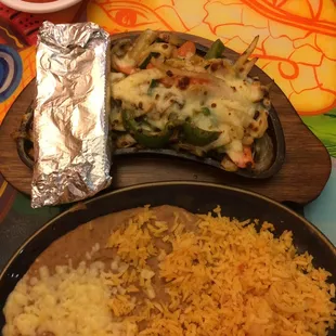 Lunch order of veggie fajitas with rice and beans