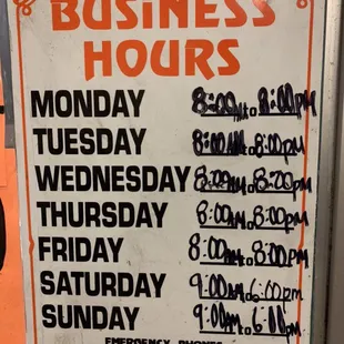 Posted business hours
