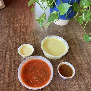 a bowl of salsa, two bowls of sauce, and a potted plant