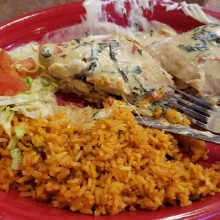 Fajita chimi smothered in queso!  I get that it sucks theres an upcharge, but it's totally worth it!  Just go for it!