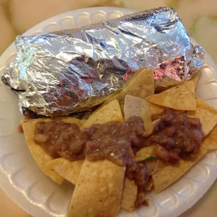 Carne Asada Burrito. Comes with some chips n beans..