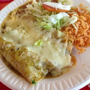 Enchilada plate with carnitas and salsa verde, $6.99