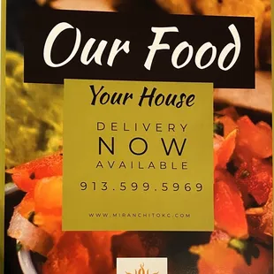 We now have delivery available at mi ranchito 95th st in Lenexa, you can call or you can order at Menufy.com