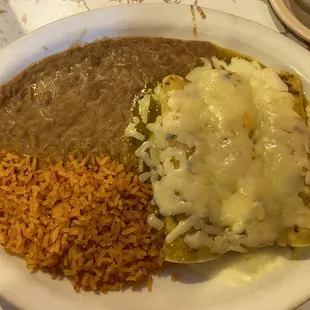 Enchiladas verdes with rice and beans