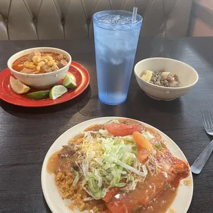 Cheese, enchiladas rice, beans, green chili and a bowl of mixed pozole and Menudo the way I like it. A bowl of soup.