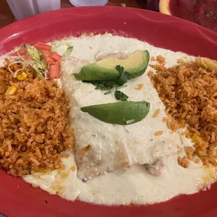 dinner portion (2) cream cheese chicken enchilada with rice