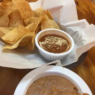 Chips. Nice salsa,  pork flavored refried beans