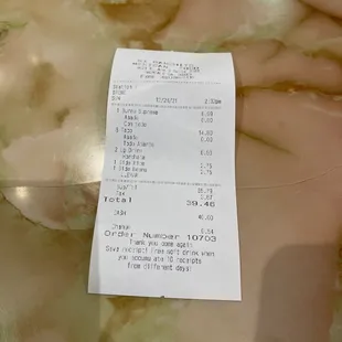 a receipt sitting on a table