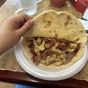 Bean, bacon, and potato taco