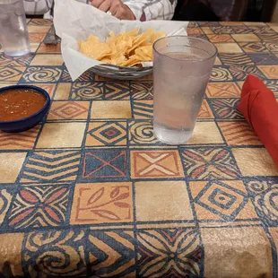 a plate of chips and a glass of water