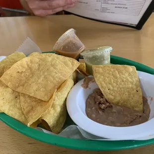 Complimentary refried beans and chips