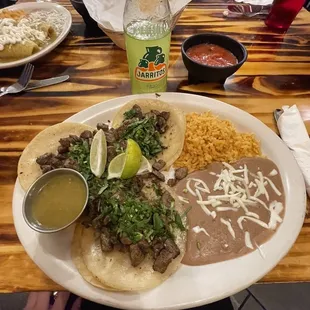 street tacos -carne asade no onions. lime jarrito soda