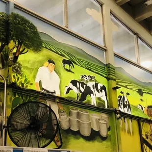 Mural on the windows above the registers.
