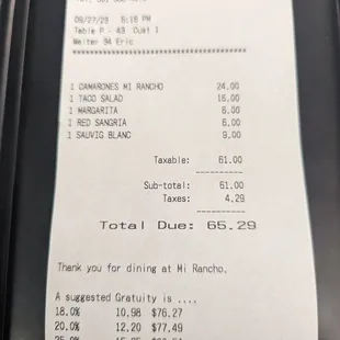 Prices . Margarita and sangria on happy hour