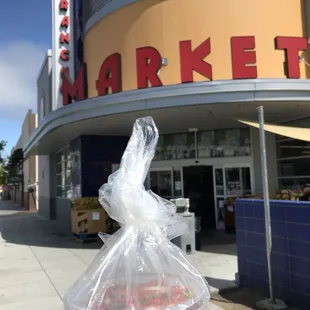 a hand holding a bag of strawberries