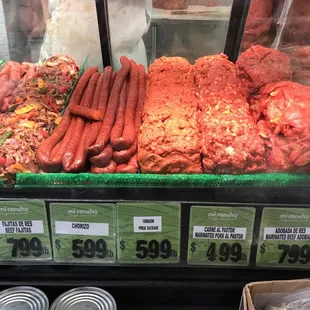 a display of meat and sausages