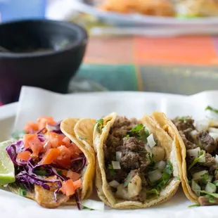 [from left to right] Fish;  picadillo (ground beef) and steak tacos