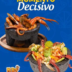 a bowl of seafood and a bowl of crab legs