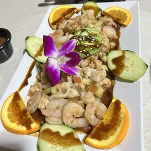 The ceviche/shrimp plate.
