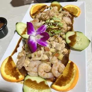 The ceviche and shrimp plate.