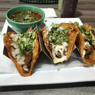 Tacos de birria &amp; consomé (broth from the meat)