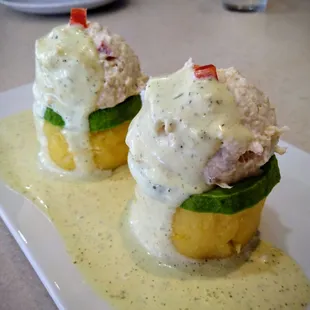 Causa de Pollo-Chicken salad topping with avocado middle &amp; amoretto laced mashed potato base