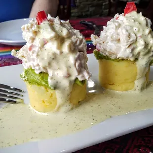 Causa de Pollo--fresh &amp; filling topped with chicken salad