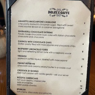 Desserts menu