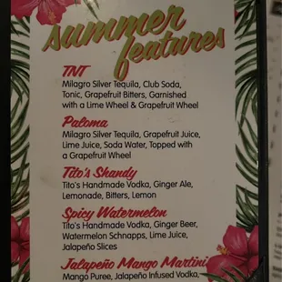 Drinks special menu