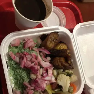 Cilantro rice, mixed vegetables, plantains, black beans, pickled onions - yes yes yes!